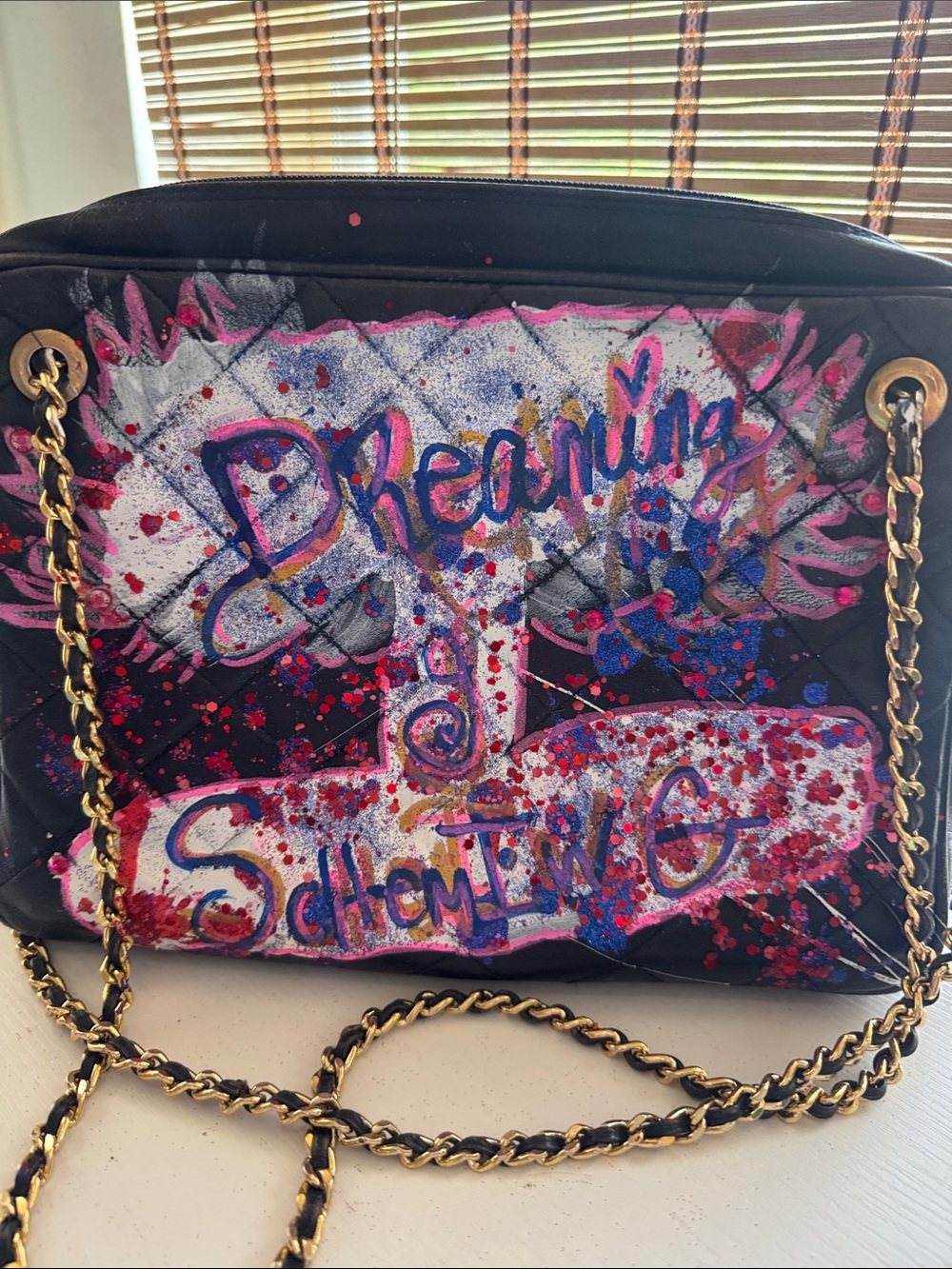 Susan Gail Black Quilted Shoulder Bag with Hand-Painted Pink & Blue Art